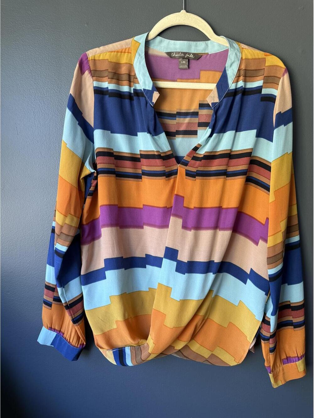 Charlie Jade Long Sleeve Silk Multicolor Geometric Print Blouse Large